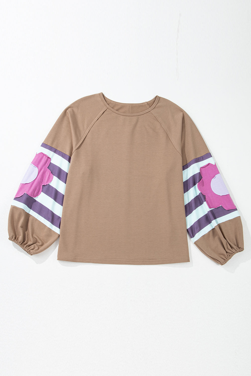 Flower Striped Patchwork Puff Sleeve Loose Sweatshirt | Light French Beige