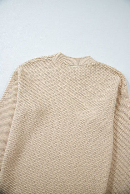 Solid Textured Knit Split Cuff Drop Shoulder Loose Sweater | Parchment