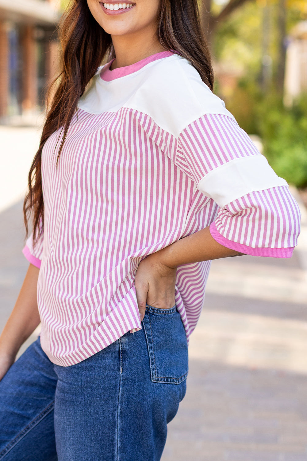 Striped Patchwork 3/4 Sleeve Casual Top | Phalaenopsis