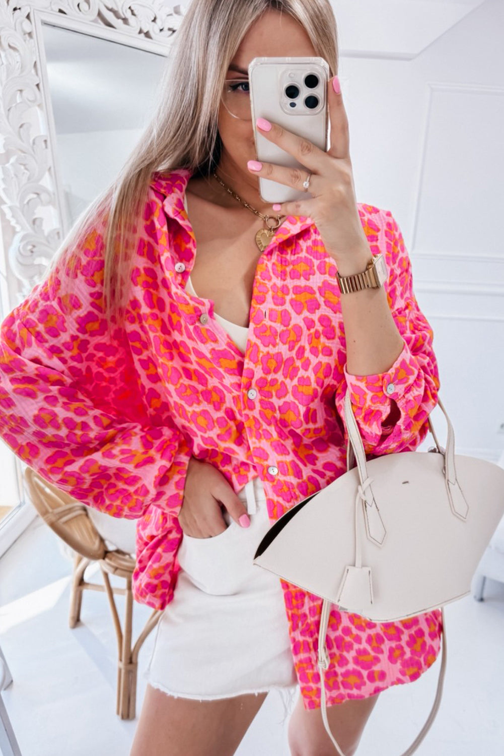 Leopard Printed Button Up Loose Shirt | Rose