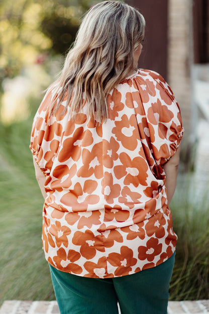 Plus Size Floral Print Drawstring V Neck Short Sleeve Blouse | Orange