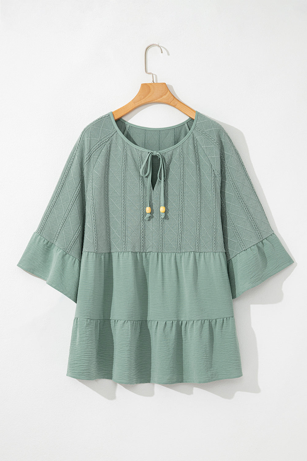 Tie Split Neck Textured Ruffle Patchwork Blouse | Laurel Green