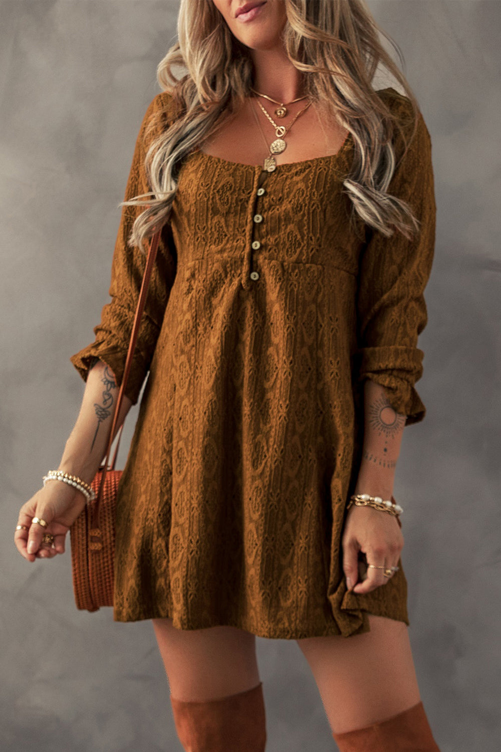 Lace Crochet Buttoned Square Neck Shift Mini Dress | Chestnut