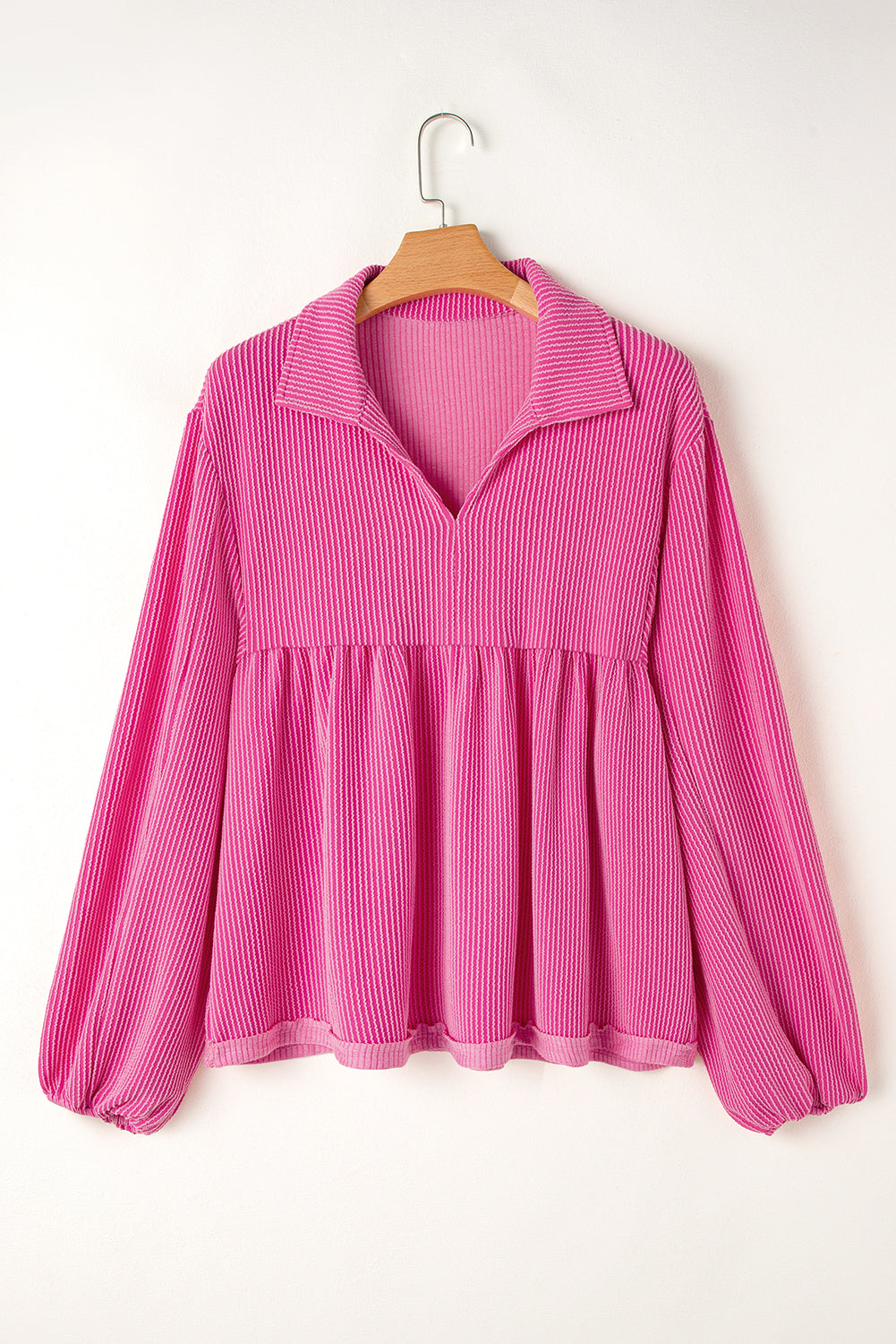 Corded Turn-Down V Neck Bubble Sleeve Babydoll Blouse | Bright Pink