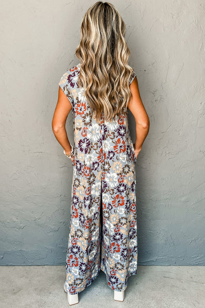 Floral Sleeveless Buttoned Pocketed Wide Leg Jumpsuit | Sky Blue