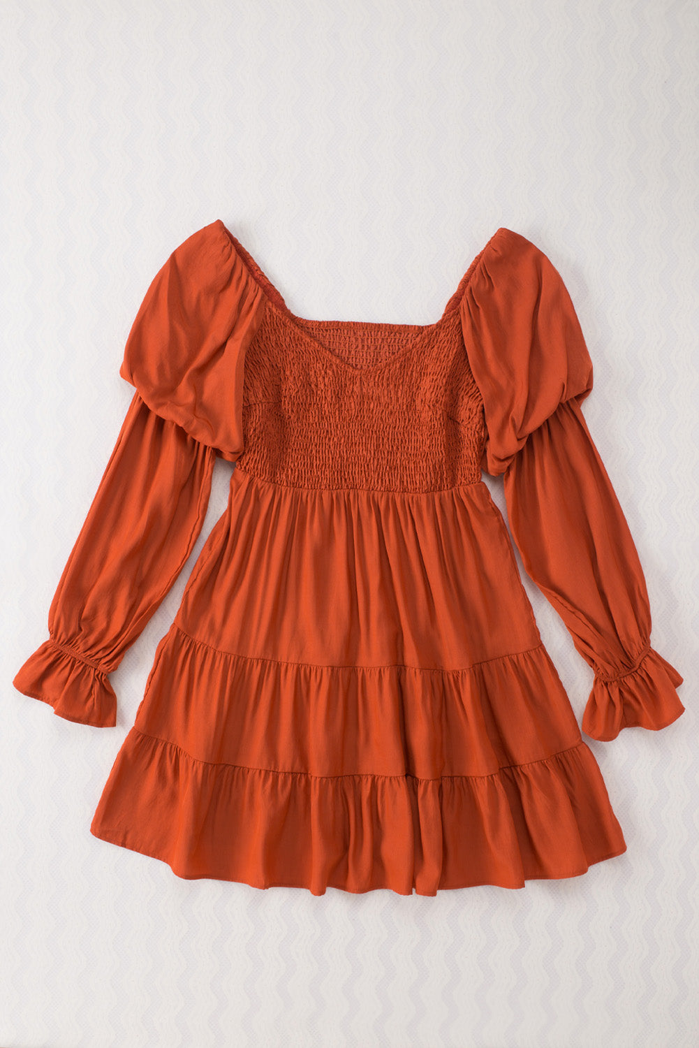 Boho Solid Shirred Ruffle Mini Dress | Brown