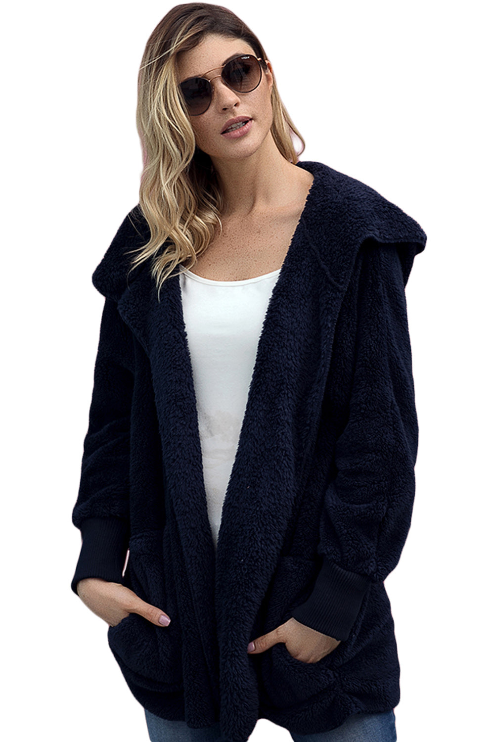 Pink Soft Fleece Hooded Open Front Jacket | Blue