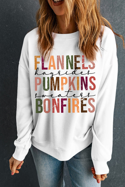 Flannels Pumpkins Bonfires Graphic Drop Shoulder Sweatshirt | Beige