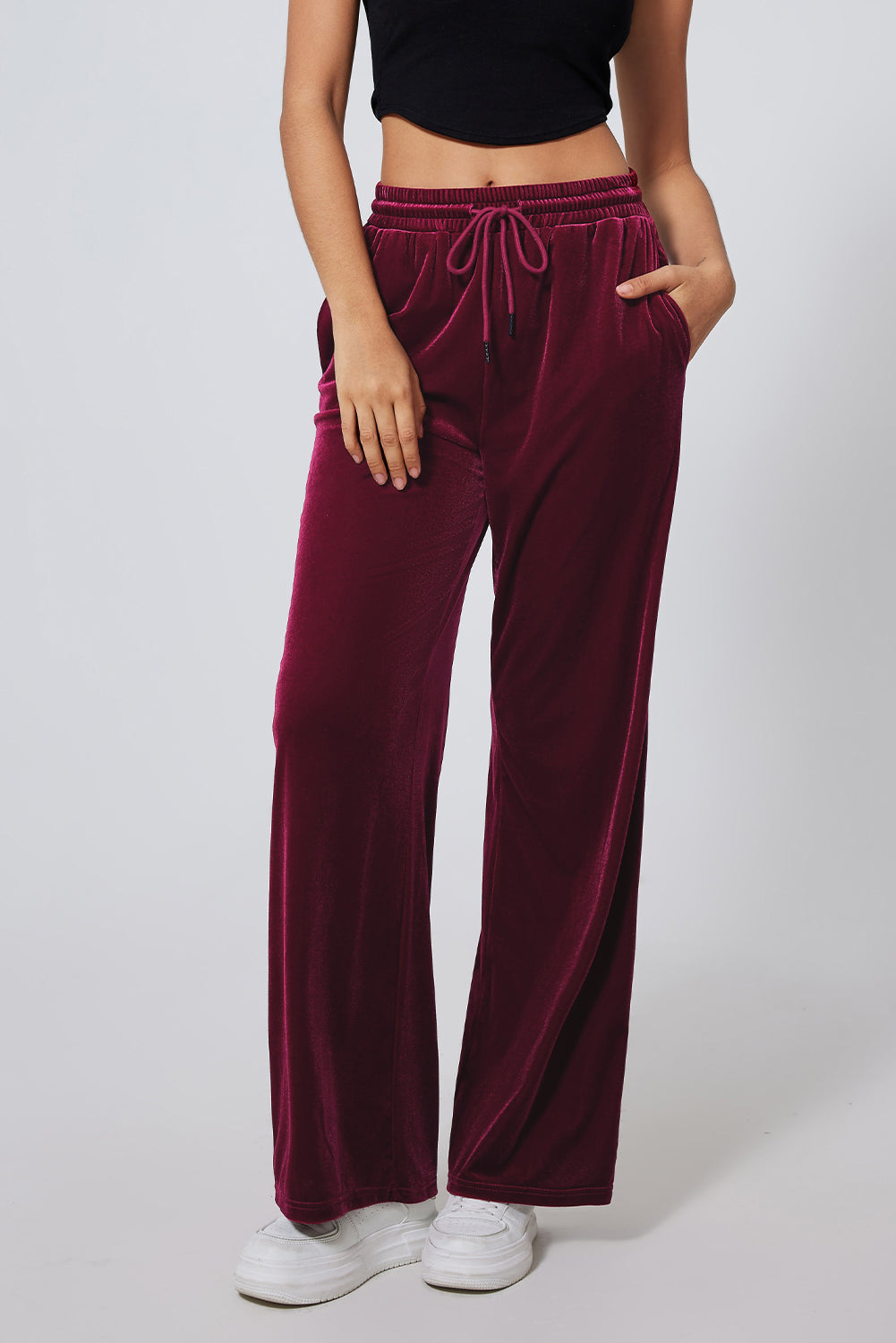 Solid Drawstring Waist Wide Leg Pants | Burgundy