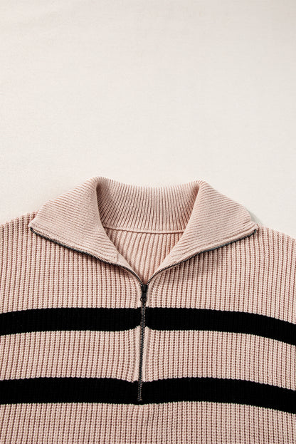 Zipped Collar Short Sleeve Sweater | Khaki Stripe