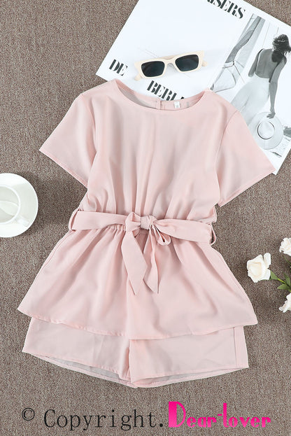 Keyhole Back Belted Peplum Girls Romper | Pink