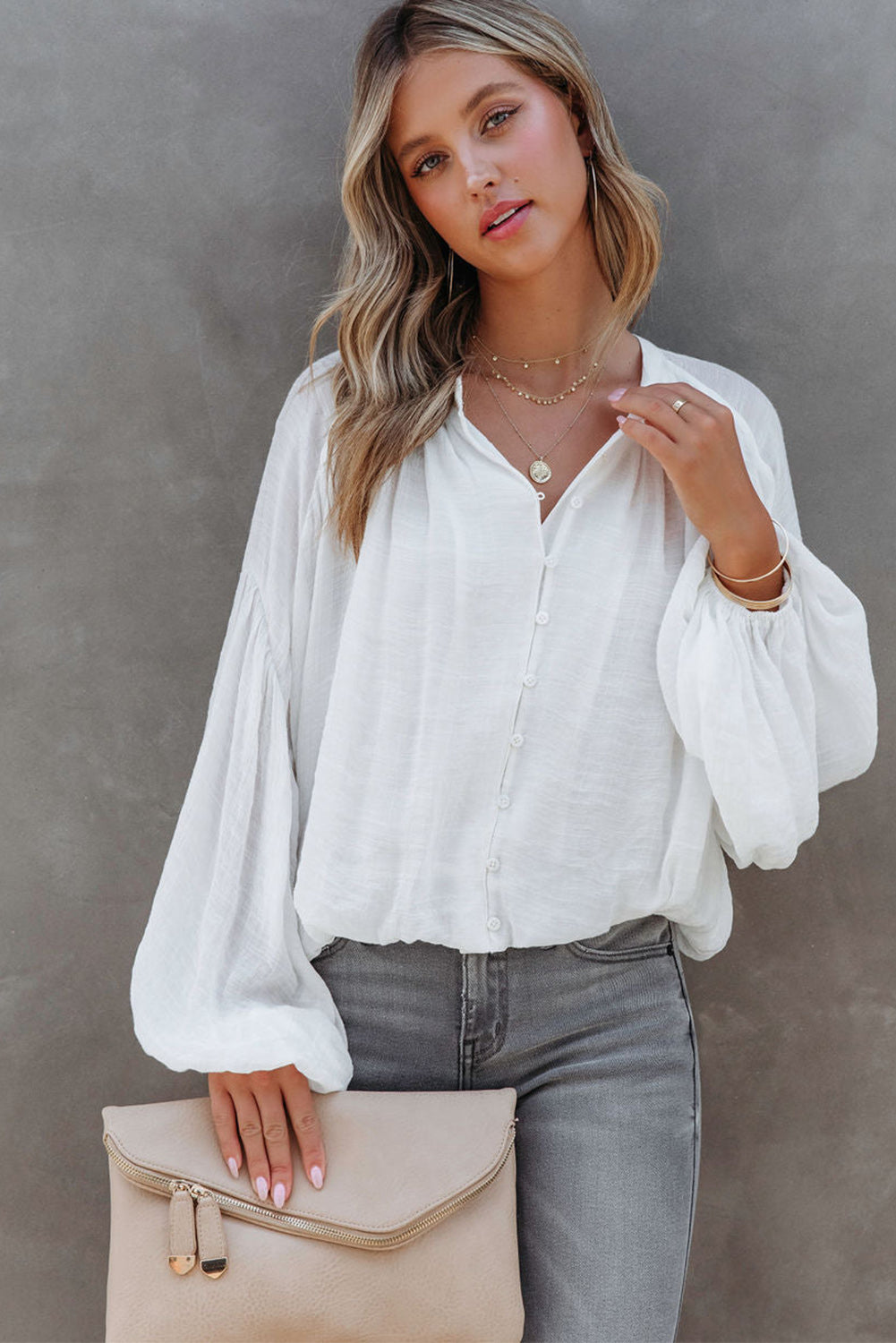 Solid Colour V Neck Balloon Sleeve Shirt | White