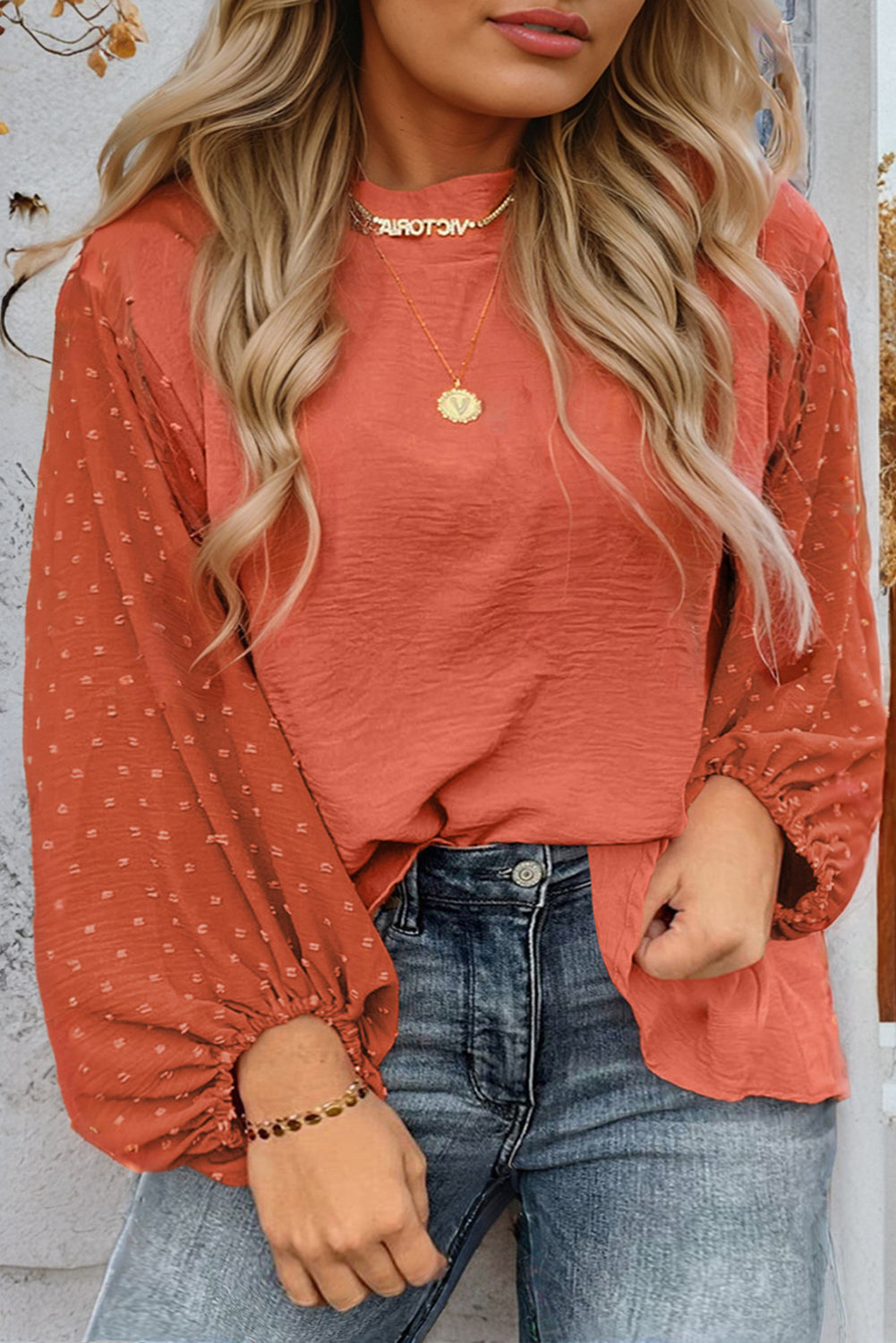 Swiss Dot Balloon Sleeve Loose Blouse | Russet Orange