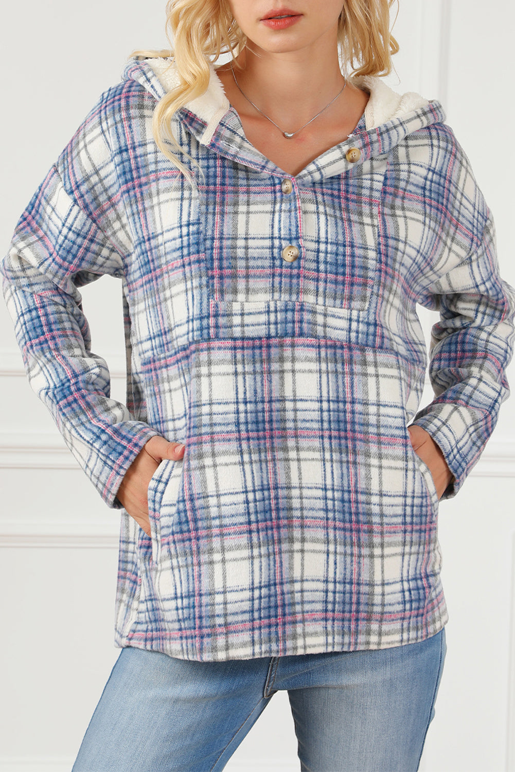 Plaid Button Neck Pocketed Pullover Hoodie | White