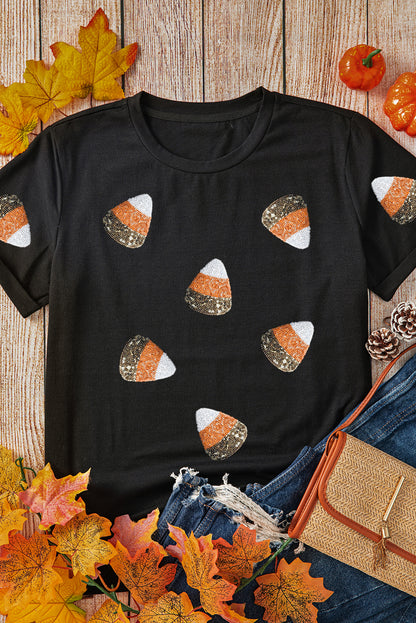 Sequin Candy Patched Pattern Halloween T Shirt | Black