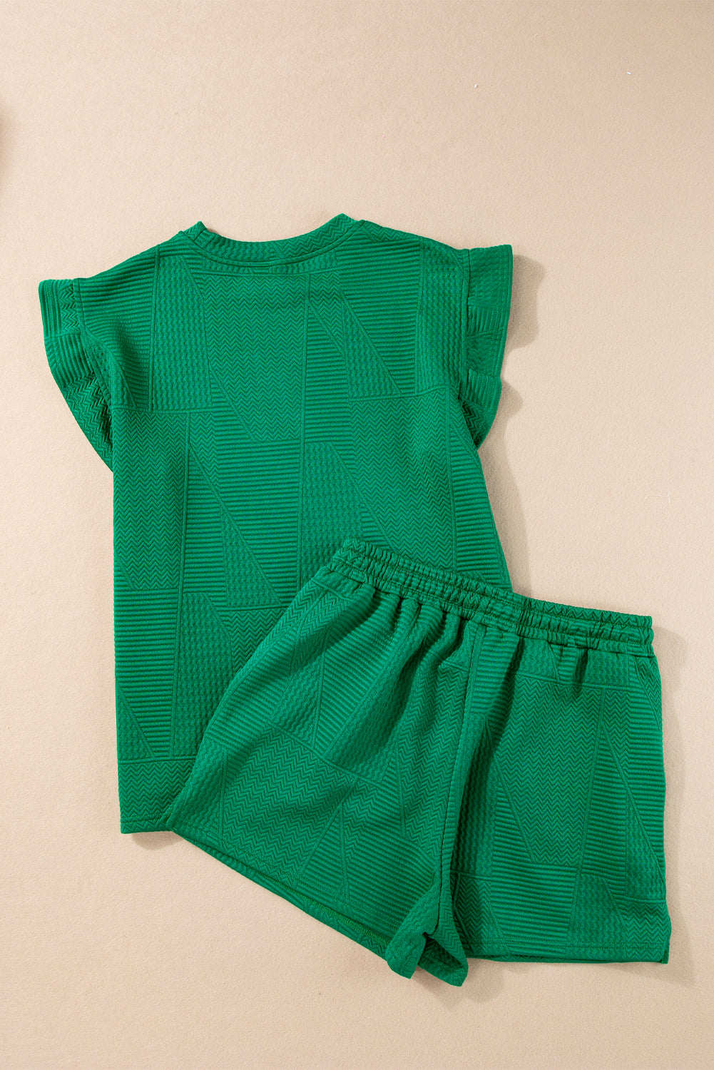 Textured Ruffle Split Top And Drawstring Shorts | Dark Green