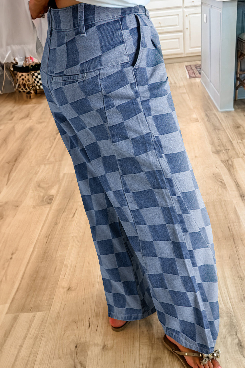 Checkered Denim Wide Leg Jeans | Dusk Blue