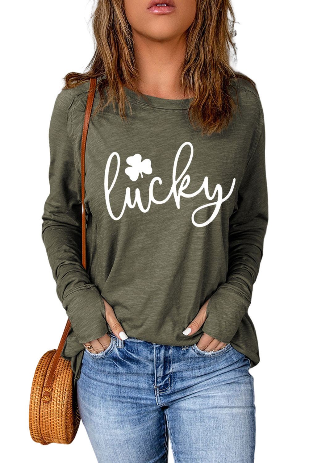 Lucky Clover Graphic Print Long Sleeve Tunic Top | Green