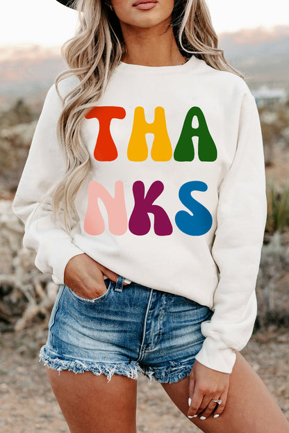 Thanks Printed Crewneck Drop Shoulder Sweatshirt | Beige