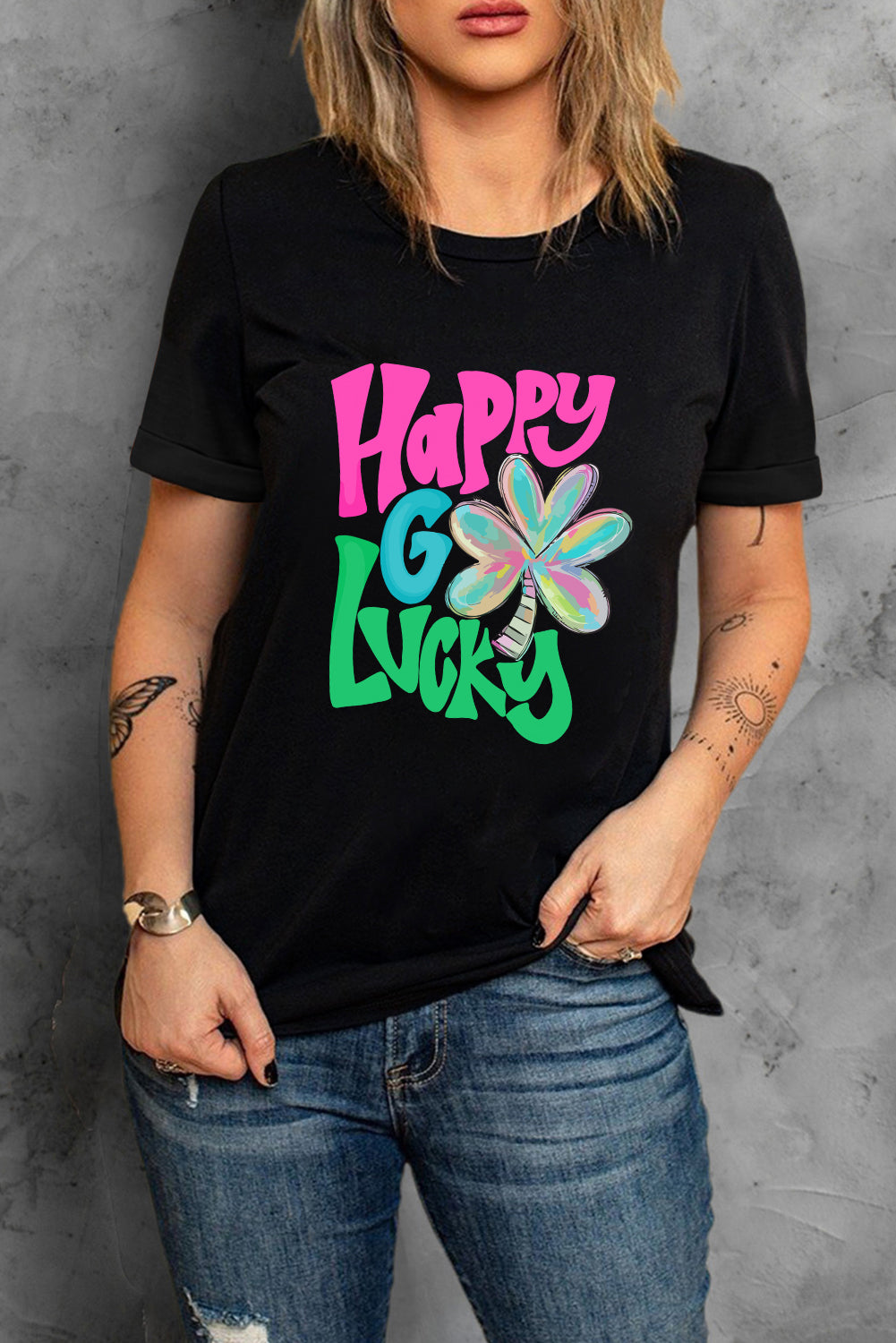 Happy Go Lucky Clover Print Crew Neck T Shirt | Black