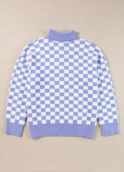 Checkered Collared Buttons Plus Size Sweater | Purple