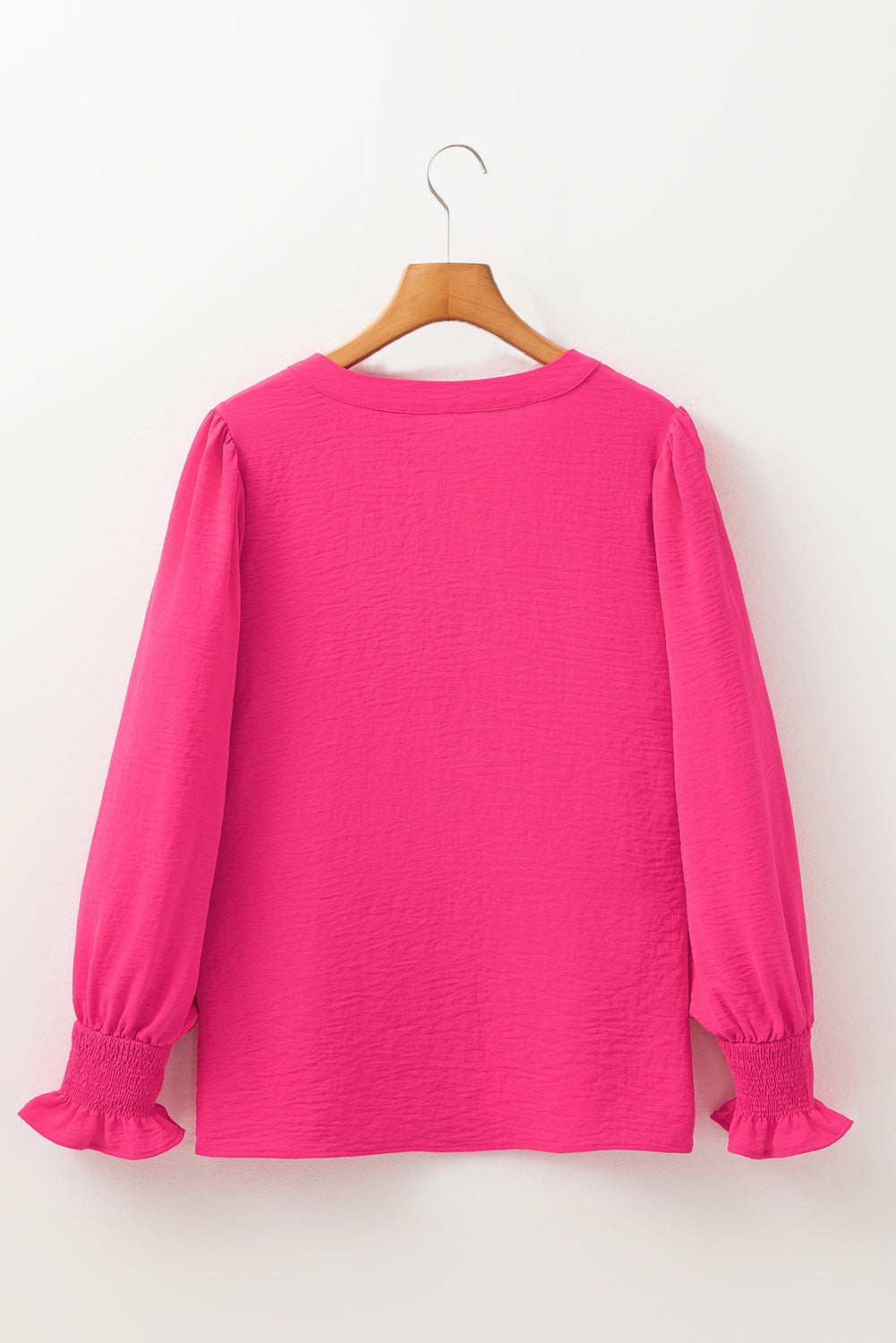 Solid Colour Shirred Cuff Notch V Neck Blouse | Rose Red