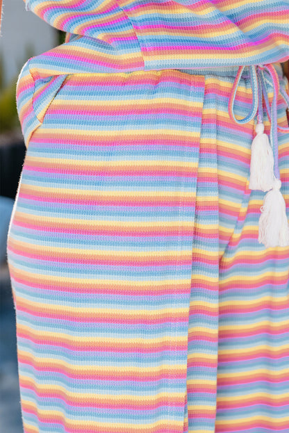 Rainbow Tee Tasseled String Wide Leg Pants Set | Pink Stripe