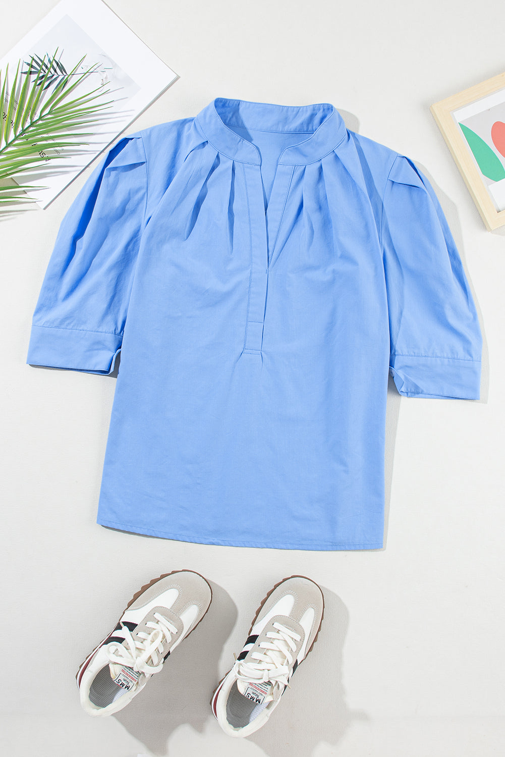 Solid 3/4 Sleeve Buttoned Stand Neck Shirt | Sky Blue