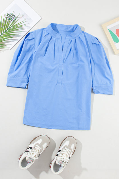 Solid 3/4 Sleeve Buttoned Stand Neck Shirt | Sky Blue