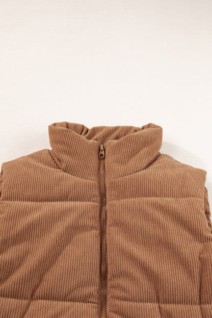 Corduroy Stand Neck Zipped Puffer Vest | Coffee