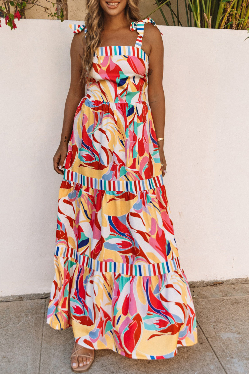 Abstract Print Striped Trim Maxi Sundress | Multicolour