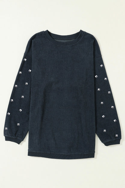 Bead Studded Sleeve Corded Drop Shoulder Sweatshirt | Dark Grey