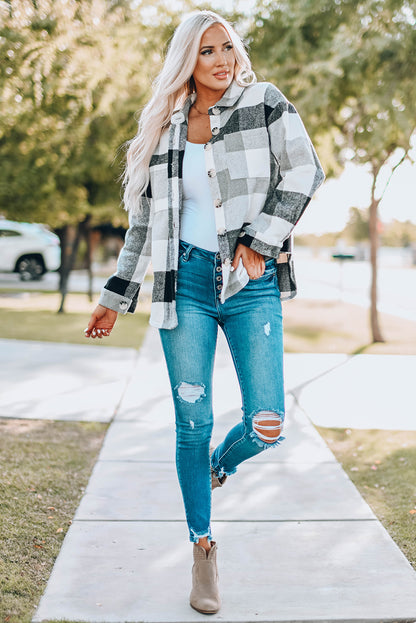 Plaid Colour Block Buttoned Long Sleeve Jacket With Pocket | Gray