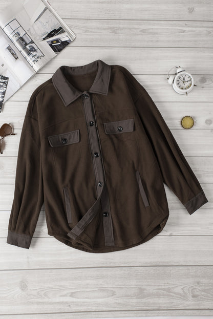 Turn Down Collar Buttoned Shirt Jacket | Brown