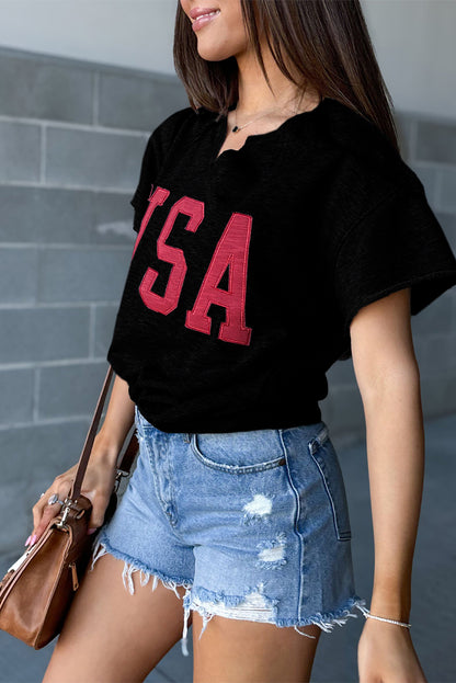 Usa Lettering Patch Notched Neck Loose Tee | Black