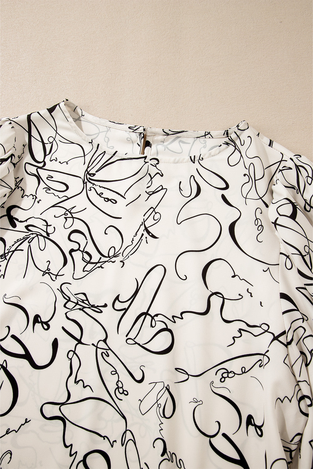 Abstract Print Balloon Sleeve Crew Neck Blouse | Beige