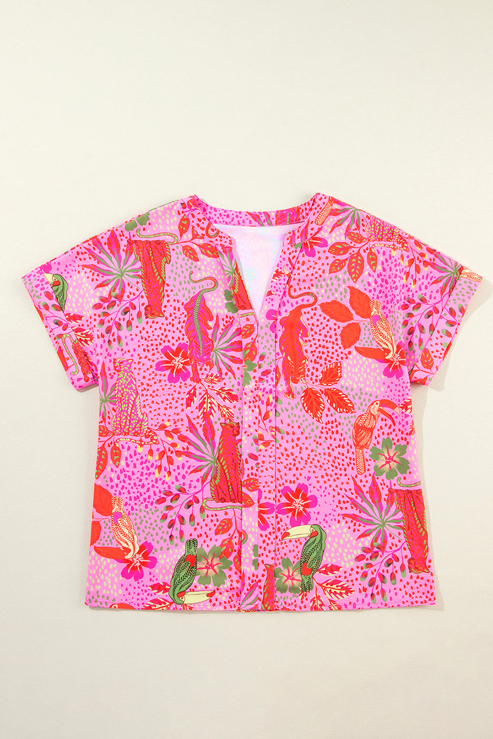 Jungle Floral Print Notch V Neck Blouse | Rose