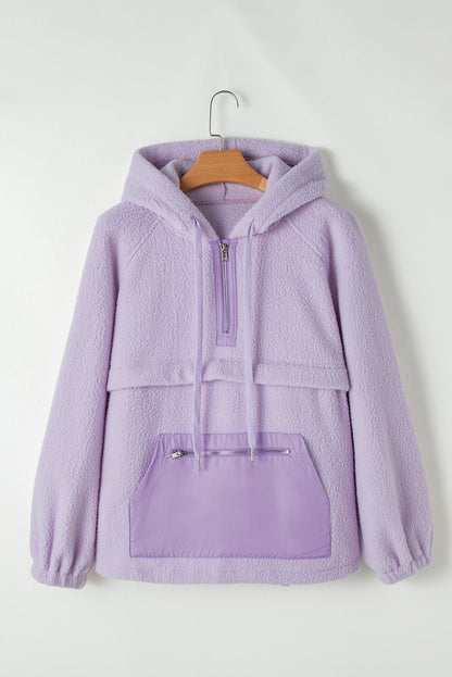 Zipped Patch Pocket Fuzzy Drawstring Hoodie | Lavendula