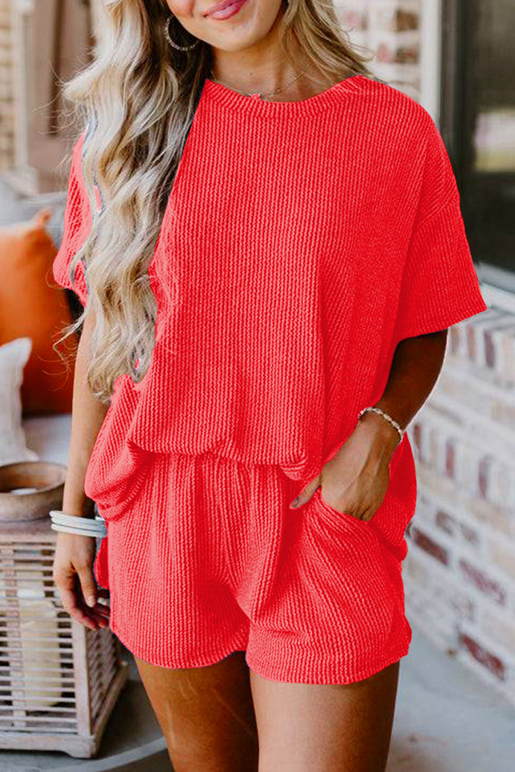 Ribbed Textured Knit Loose Fit Tee And Shorts Set | Orange