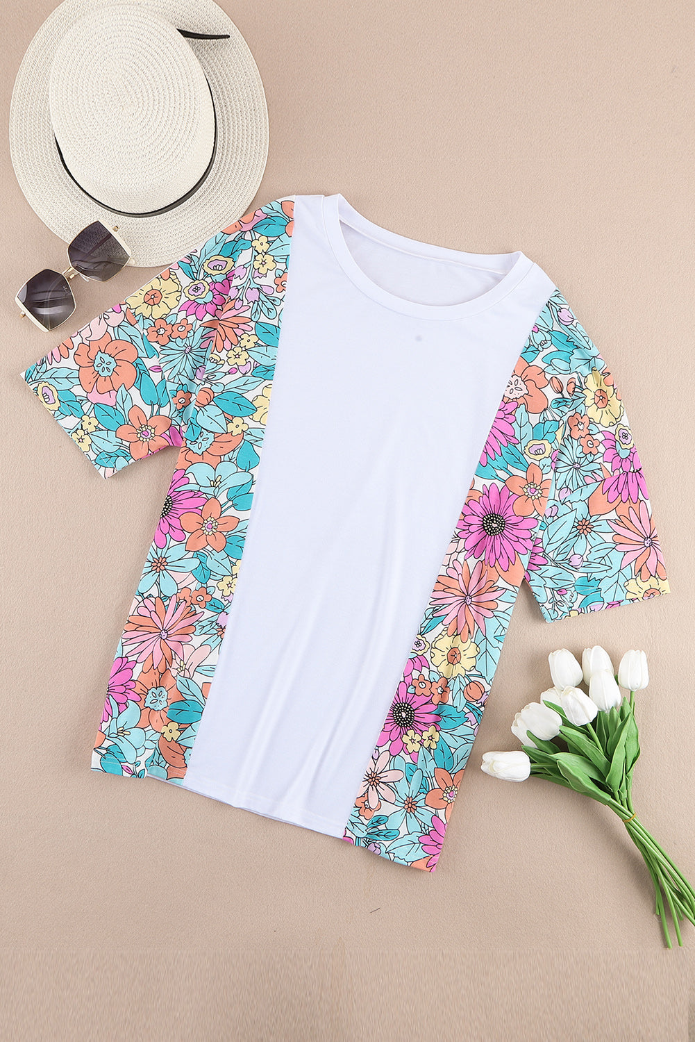 Floral Print Patchwork Short Sleeve Top | White