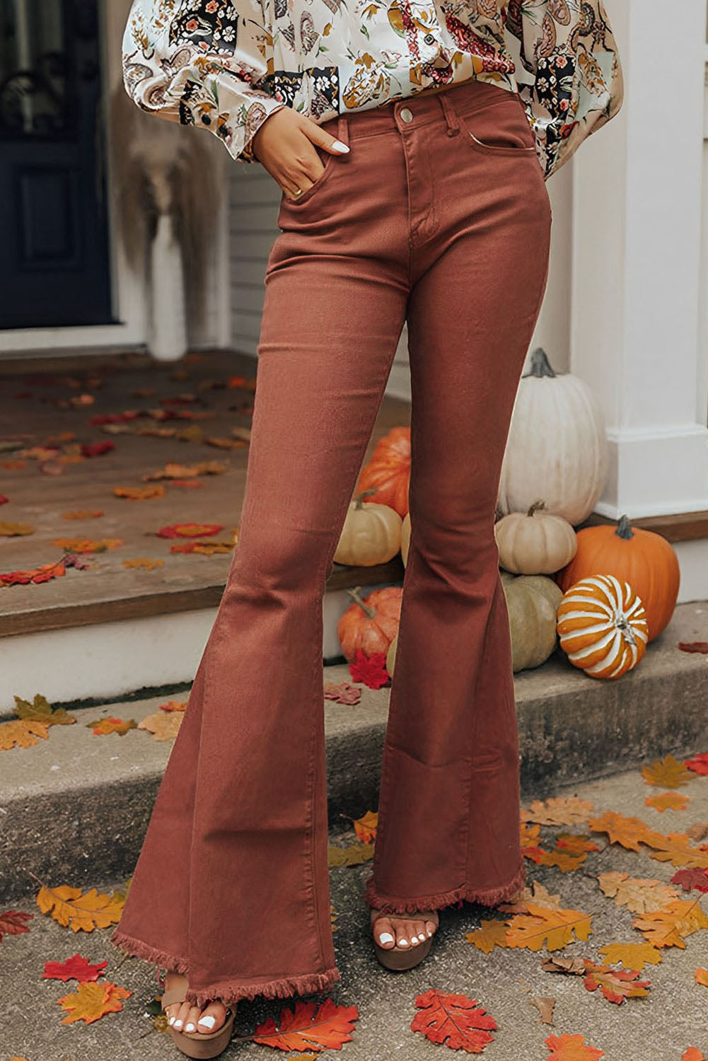 High Waist Raw Hem Flare Jeans | Red