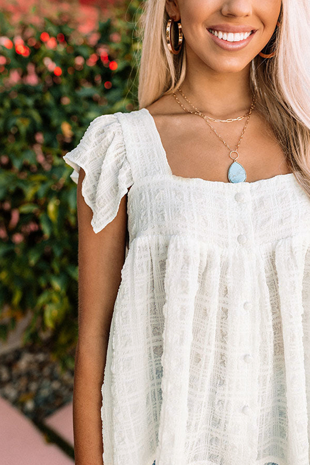 Square Neck Textured Flowy Tank Top | White