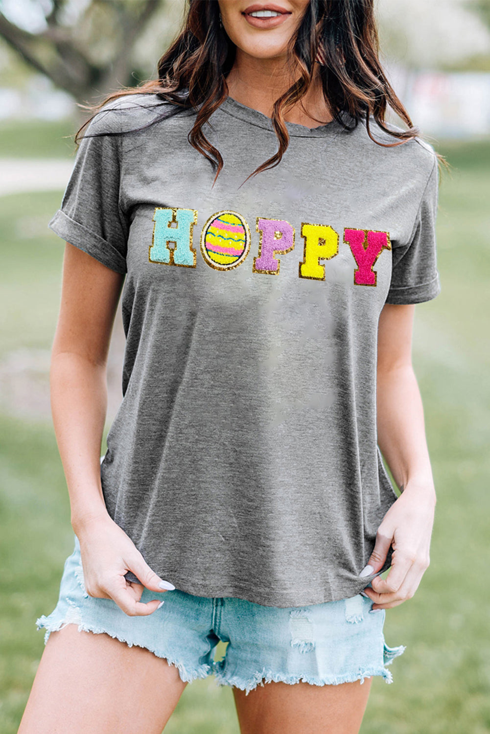 Easter Egg Hoppy Chenille Patched Pattern T Shirt | Gray