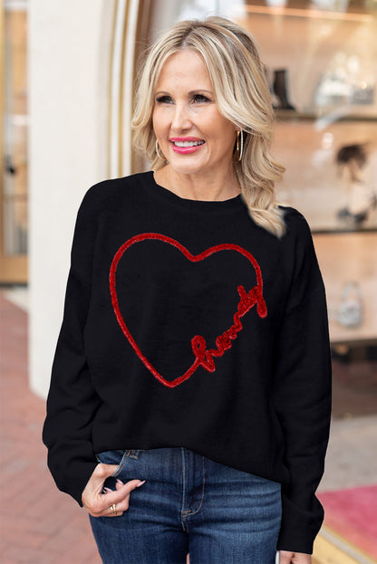 Howdy Heart Graphic Round Neck Casual Sweater | Black