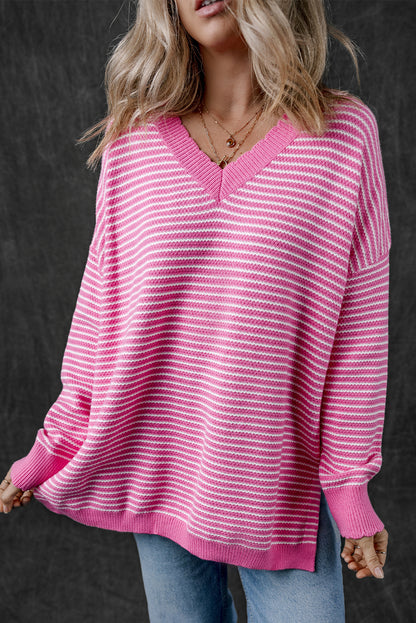 Striped Scallop V Neck Loose Sweater With Slits | Pink