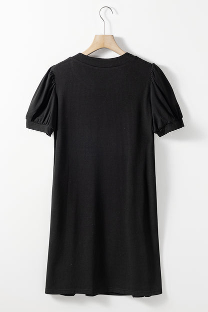 Notched Neck Pleated Puff Sleeve Shift T-Shirt Dress | Black