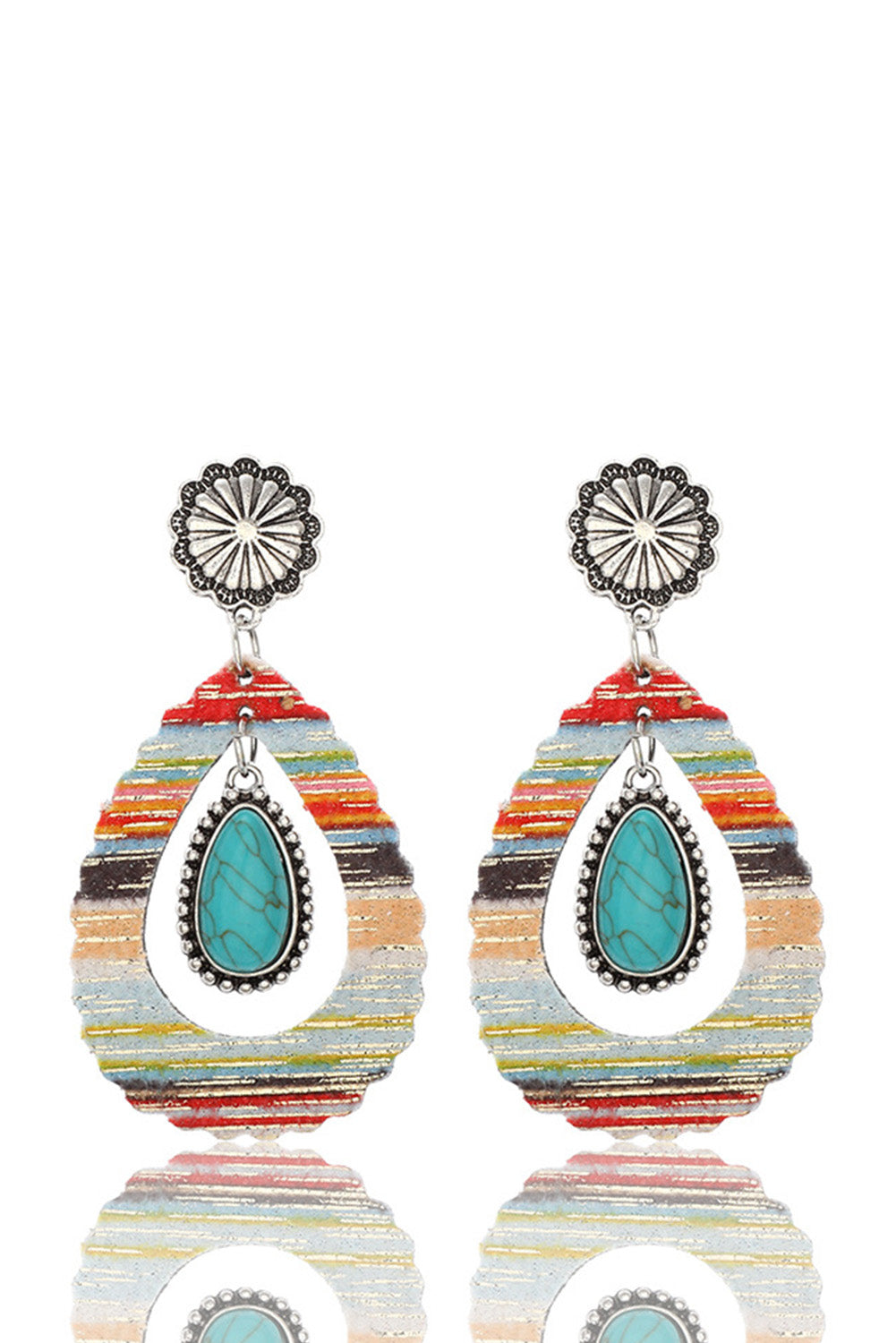 Hollowed Waterdrop Shape Leather Turquoise Earrings | Red