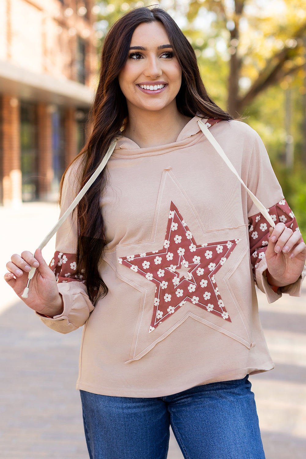 Floral Patchwork Star Pattern Drawstring Hoodie | Delicacy