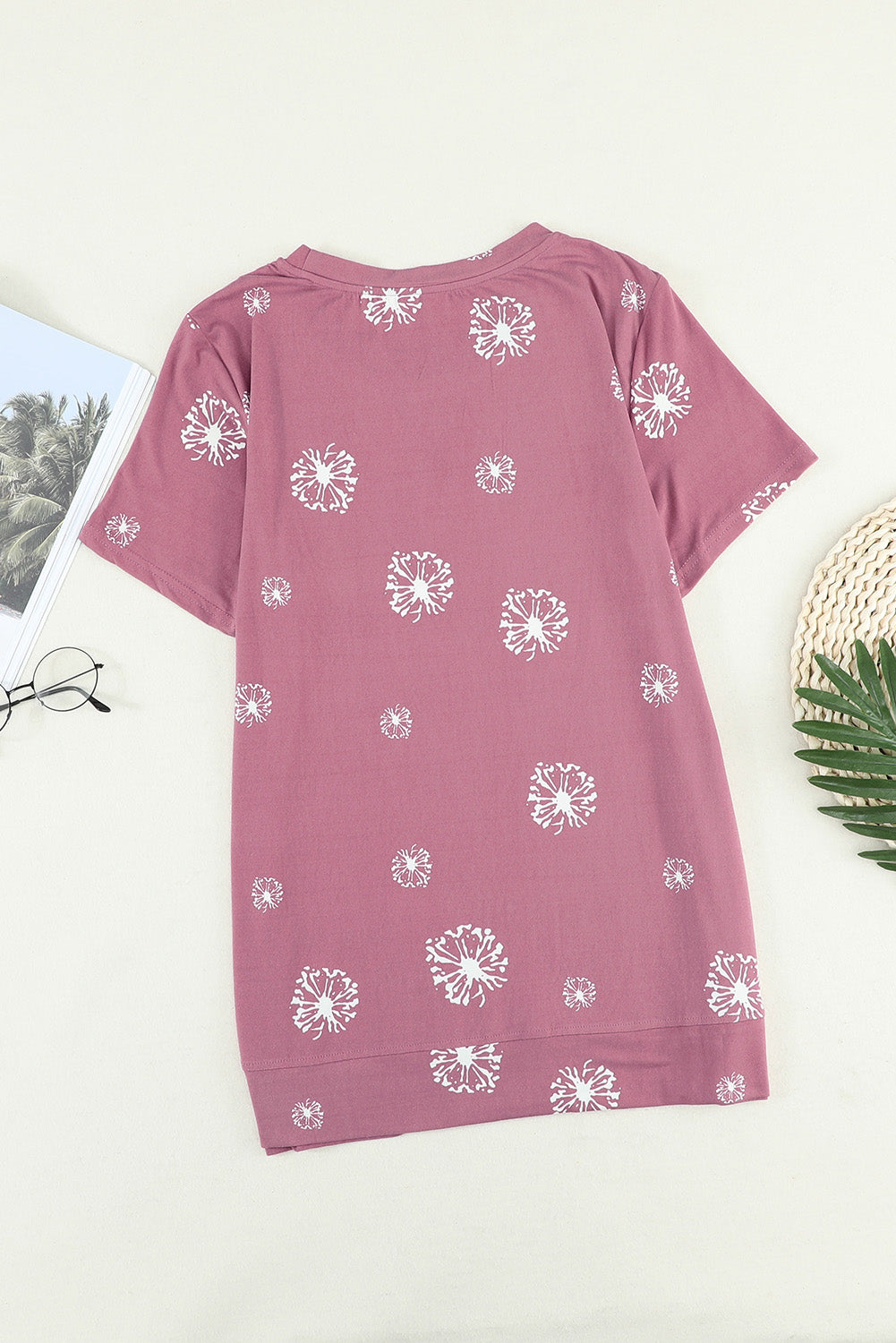 Dandelion Print Crew Neck T-Shirt | Pink