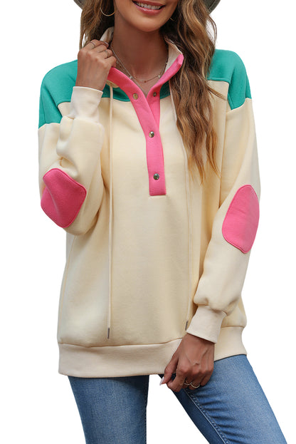 Colour Block Elbow Patch Half Button Sweatshirt | Apricot